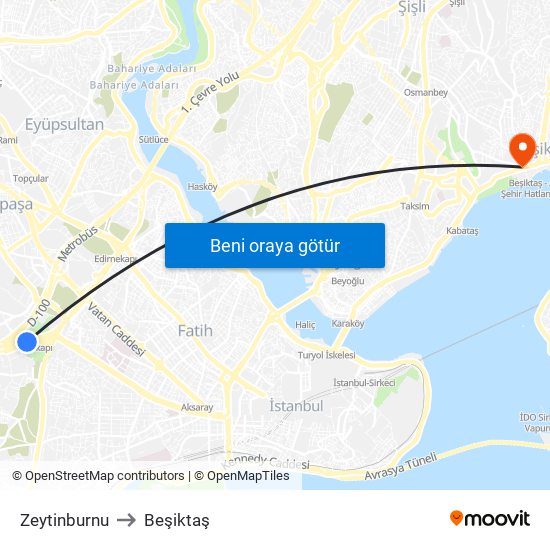 Zeytinburnu to Beşiktaş map