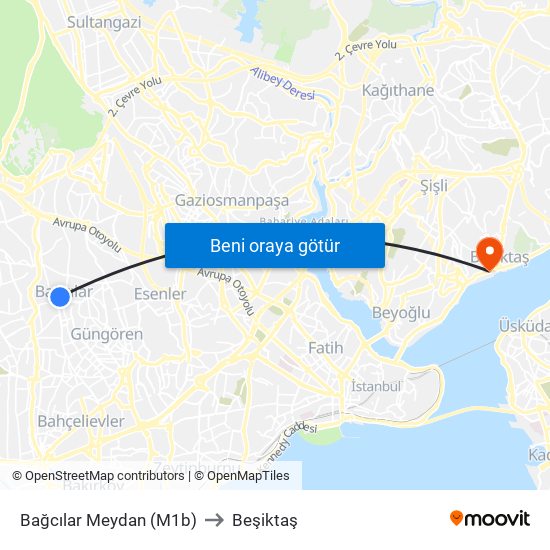 Bağcılar Meydan (M1b) to Beşiktaş map