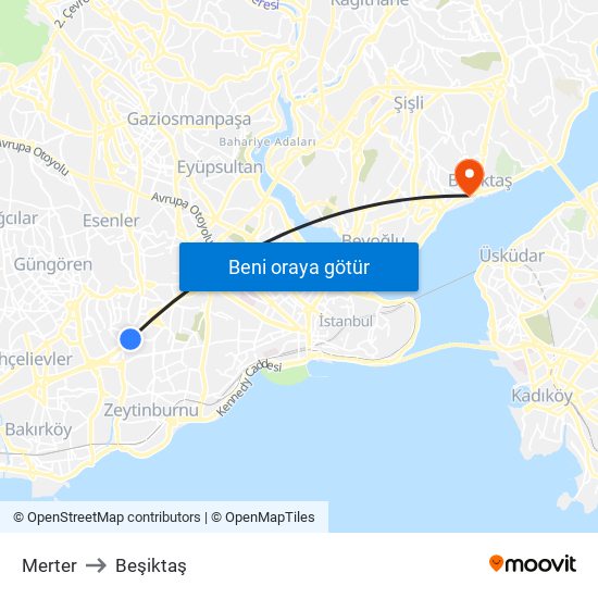 Merter to Beşiktaş map