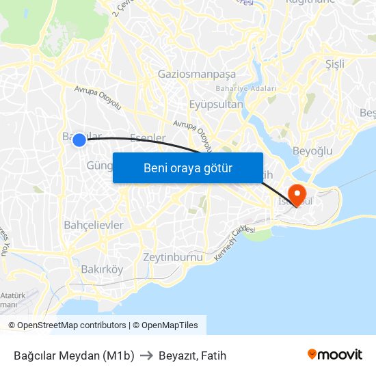 Bağcılar Meydan (M1b) to Beyazıt, Fatih map