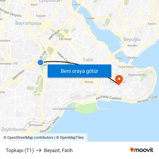 Topkapı (T1) to Beyazıt, Fatih map