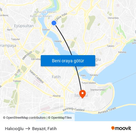 Halıcıoğlu to Beyazıt, Fatih map