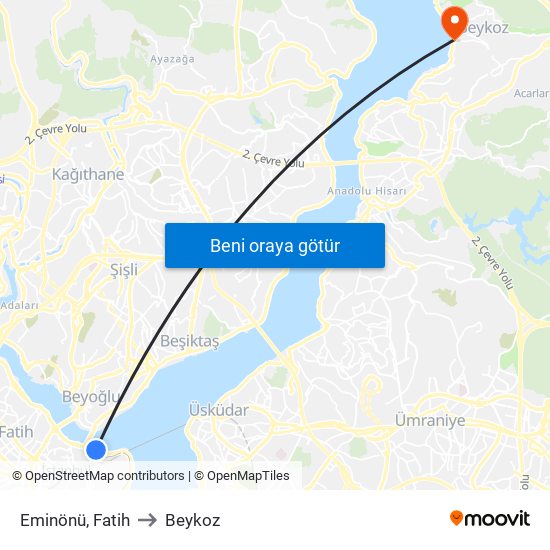 Eminönü, Fatih to Beykoz map