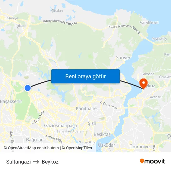 Sultangazi to Beykoz map