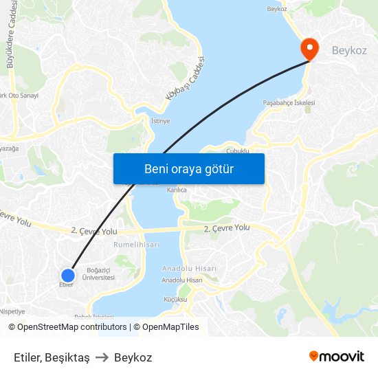 Etiler, Beşiktaş to Beykoz map