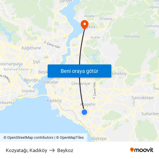 Kozyatağı, Kadıköy to Beykoz map