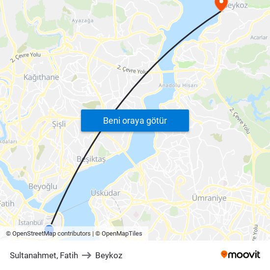 Sultanahmet, Fatih to Beykoz map