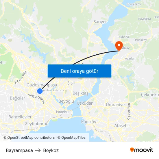 Bayrampasa to Beykoz map
