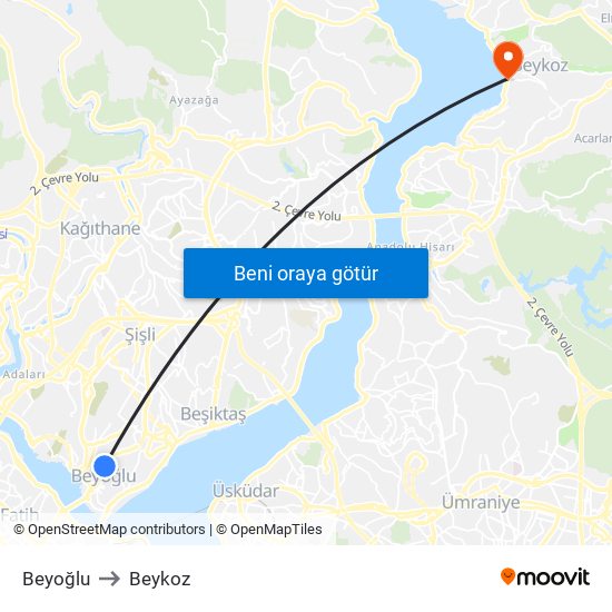 Beyoğlu to Beykoz map