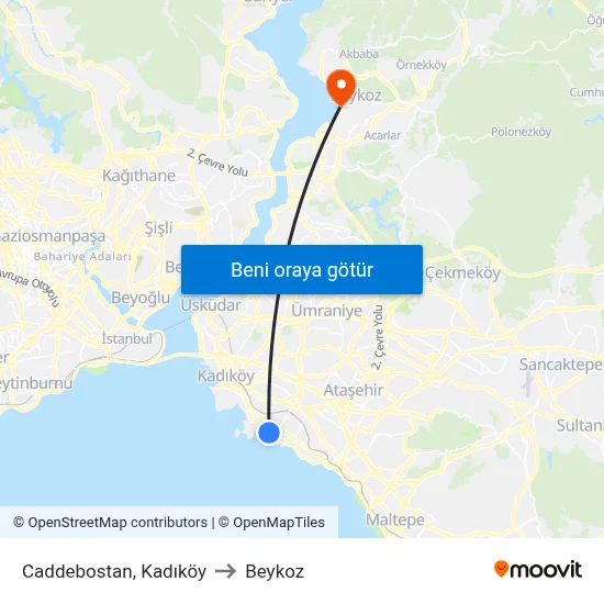 Caddebostan, Kadıköy to Beykoz map