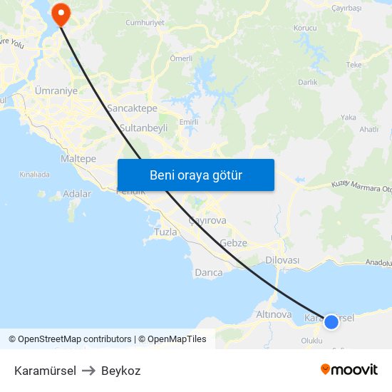 Karamürsel to Beykoz map