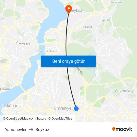 Yamanevler to Beykoz map
