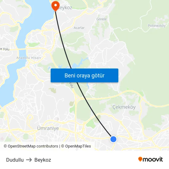 Dudullu to Beykoz map