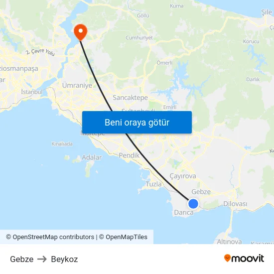 Gebze to Beykoz map