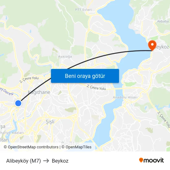 Alibeyköy (M7) to Beykoz map