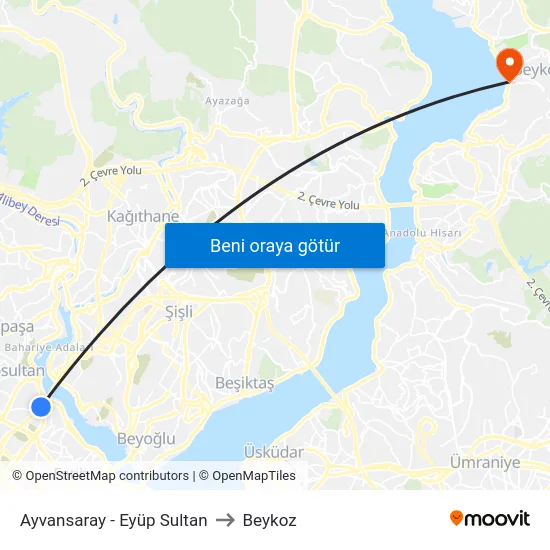 Ayvansaray - Eyüp Sultan to Beykoz map