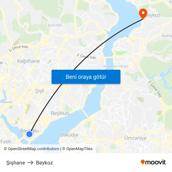 Şişhane to Beykoz map