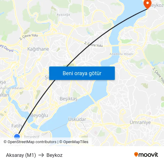 Aksaray (M1) to Beykoz map