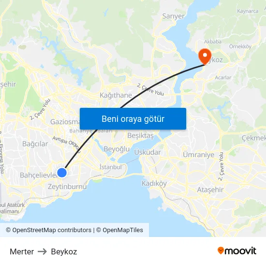Merter to Beykoz map