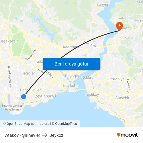 Ataköy - Şirinevler to Beykoz map