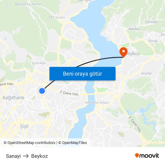 Sanayi to Beykoz map