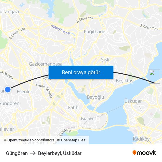 Güngören to Beylerbeyi, Üsküdar map