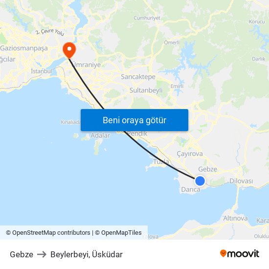 Gebze to Beylerbeyi, Üsküdar map