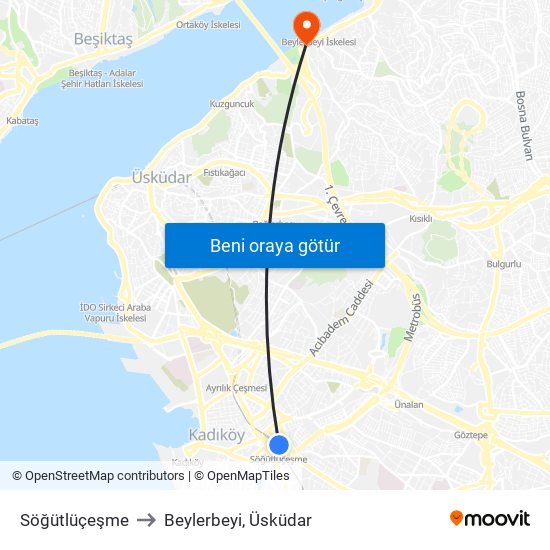 Söğütlüçeşme to Beylerbeyi, Üsküdar map