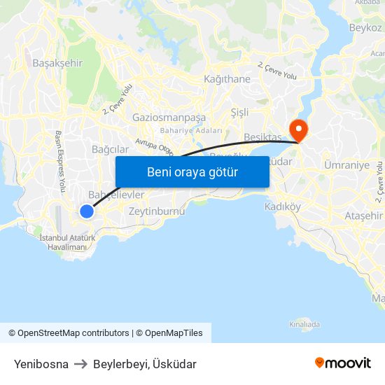 Yenibosna to Beylerbeyi, Üsküdar map