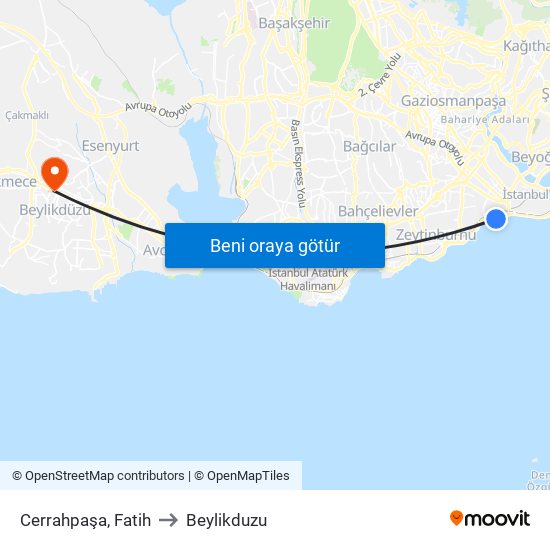 Cerrahpaşa, Fatih to Beylikduzu map