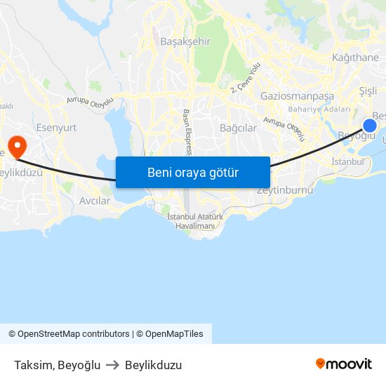 Taksim, Beyoğlu to Beylikduzu map