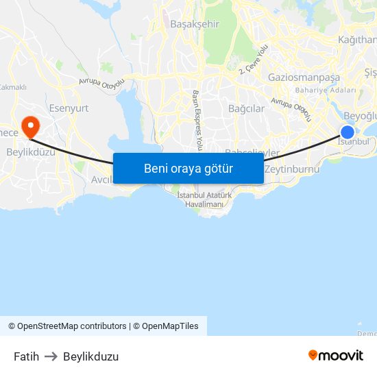 Fatih to Beylikduzu map