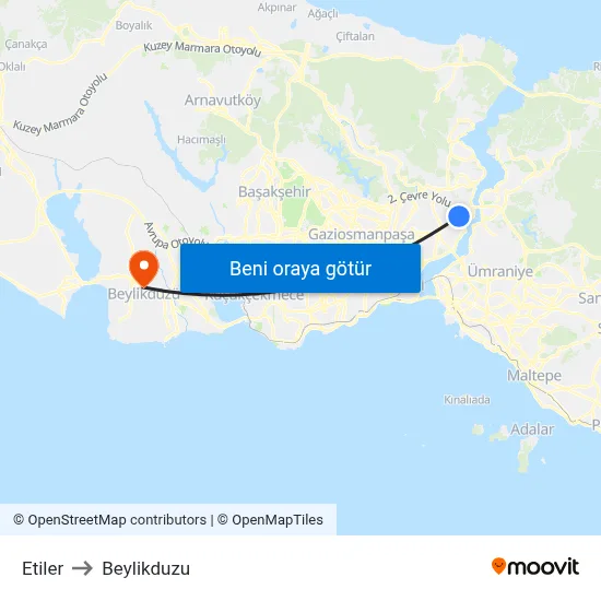 Etiler to Beylikduzu map