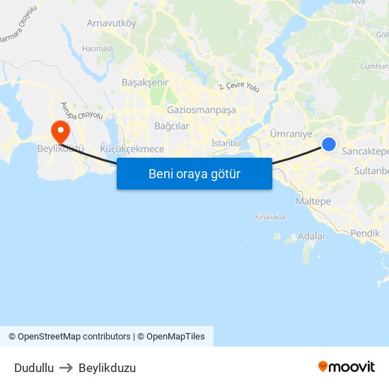 Dudullu to Beylikduzu map