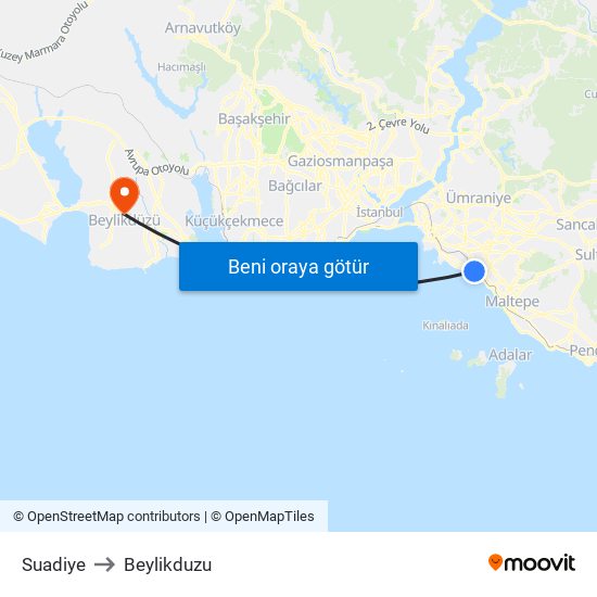 Suadiye to Beylikduzu map
