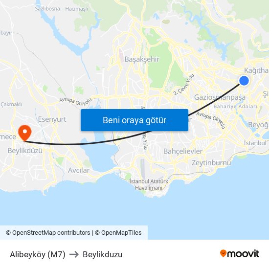 Alibeyköy (M7) to Beylikduzu map