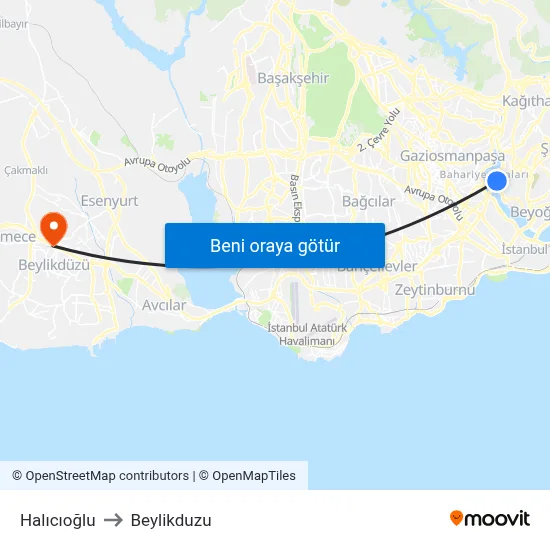 Halıcıoğlu to Beylikduzu map