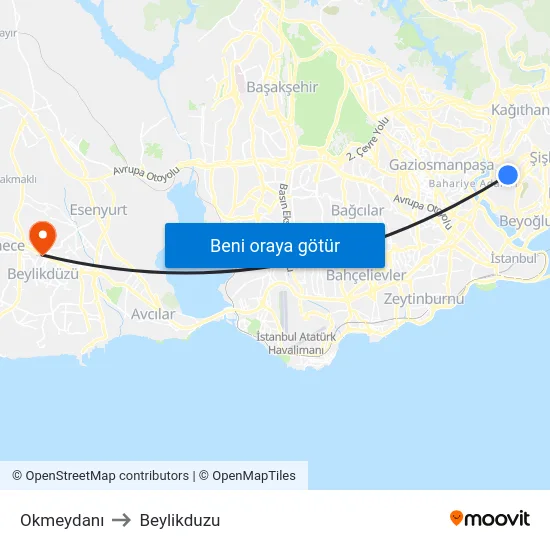Okmeydanı to Beylikduzu map