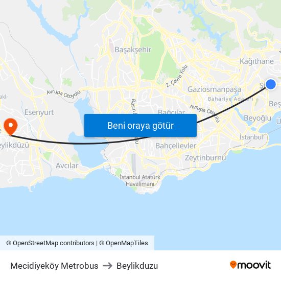 Mecidiyeköy Metrobus to Beylikduzu map