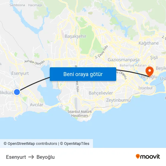 Esenyurt to Beyoğlu map