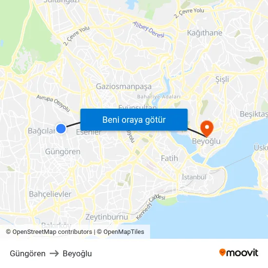 Güngören to Beyoğlu map