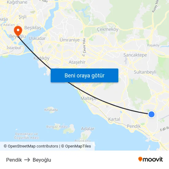 Pendik to Beyoğlu map
