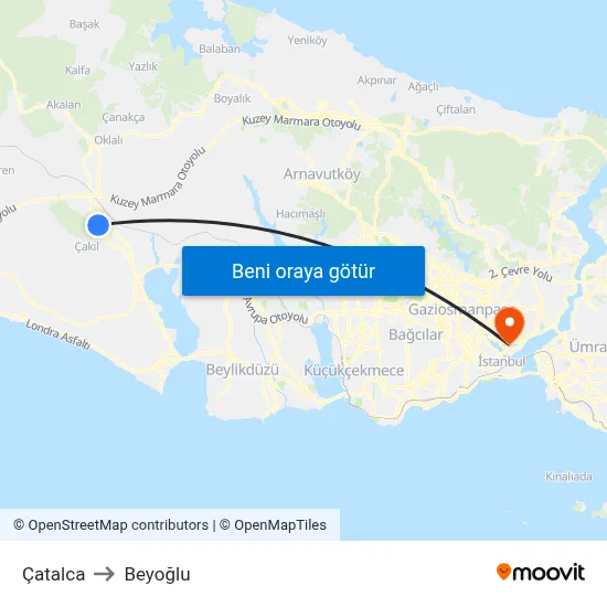 Çatalca to Beyoğlu map