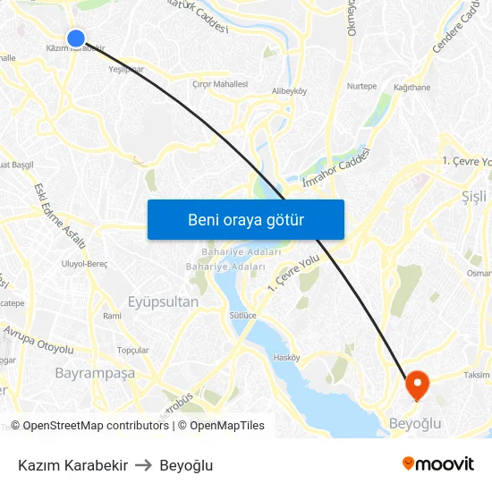 Kazım Karabekir to Beyoğlu map