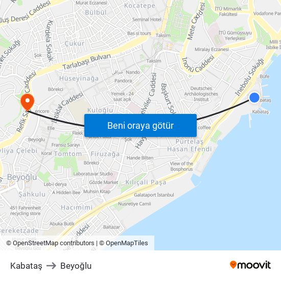 Kabataş to Beyoğlu map