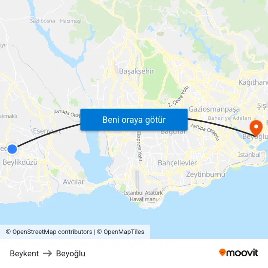 Beykent to Beyoğlu map