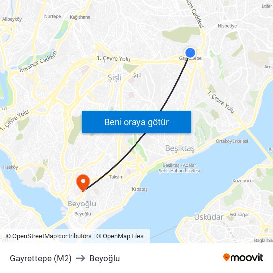 Gayrettepe (M2) to Beyoğlu map