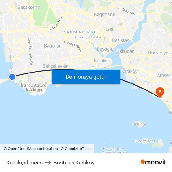 Küçükçekmece to Bostancı,Kadıköy map