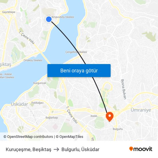 Kuruçeşme, Beşiktaş to Bulgurlu, Üsküdar map