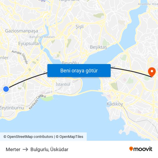 Merter to Bulgurlu, Üsküdar map